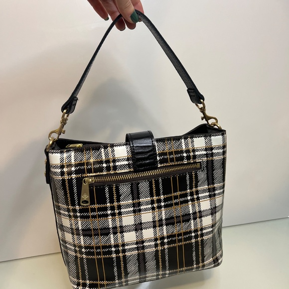 Patricia Nash Irving Leather Satchel with Crossbody Strap Black and White Plaid - Picture 3 of 16